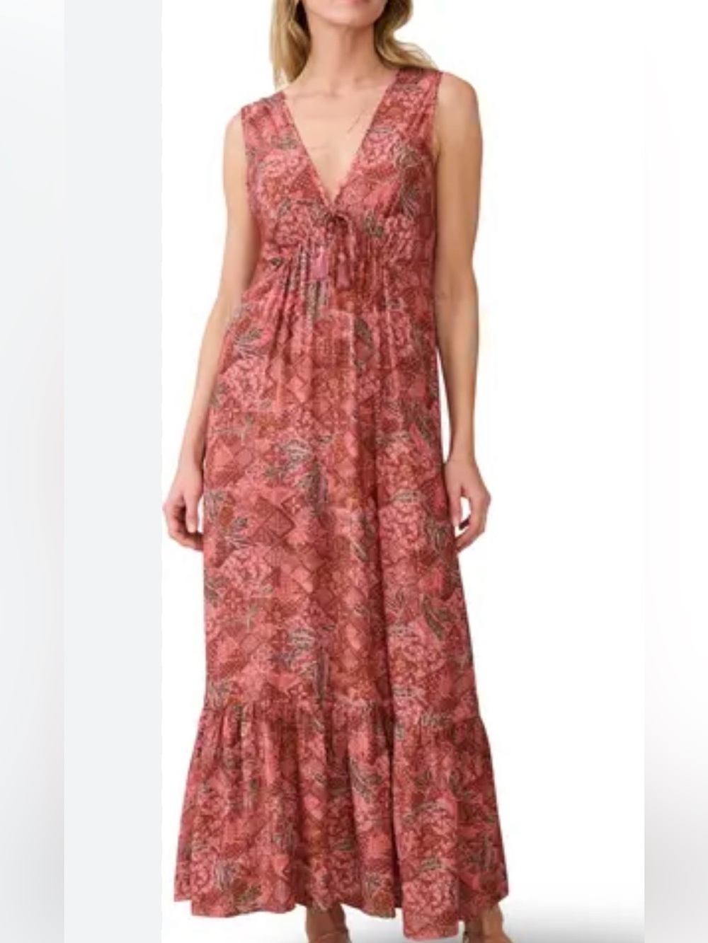 100% Cotton Boho Peasant  Pink Paisley Sundress Maxi Dress  Sleeveless Cotton S
